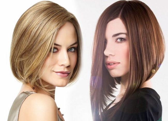 Các kiểu cắt tóc dành cho tóc trung bình. Hình ảnh cắt tóc thời trang của phụ nữ, nhìn từ trước, sau trên mái tóc thẳng, xoăn