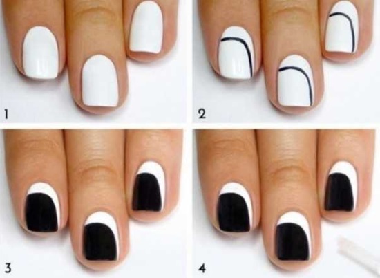Manicure z czarno-białym lakierem na krótkie i długie paznokcie. Zdjęcia, projekty